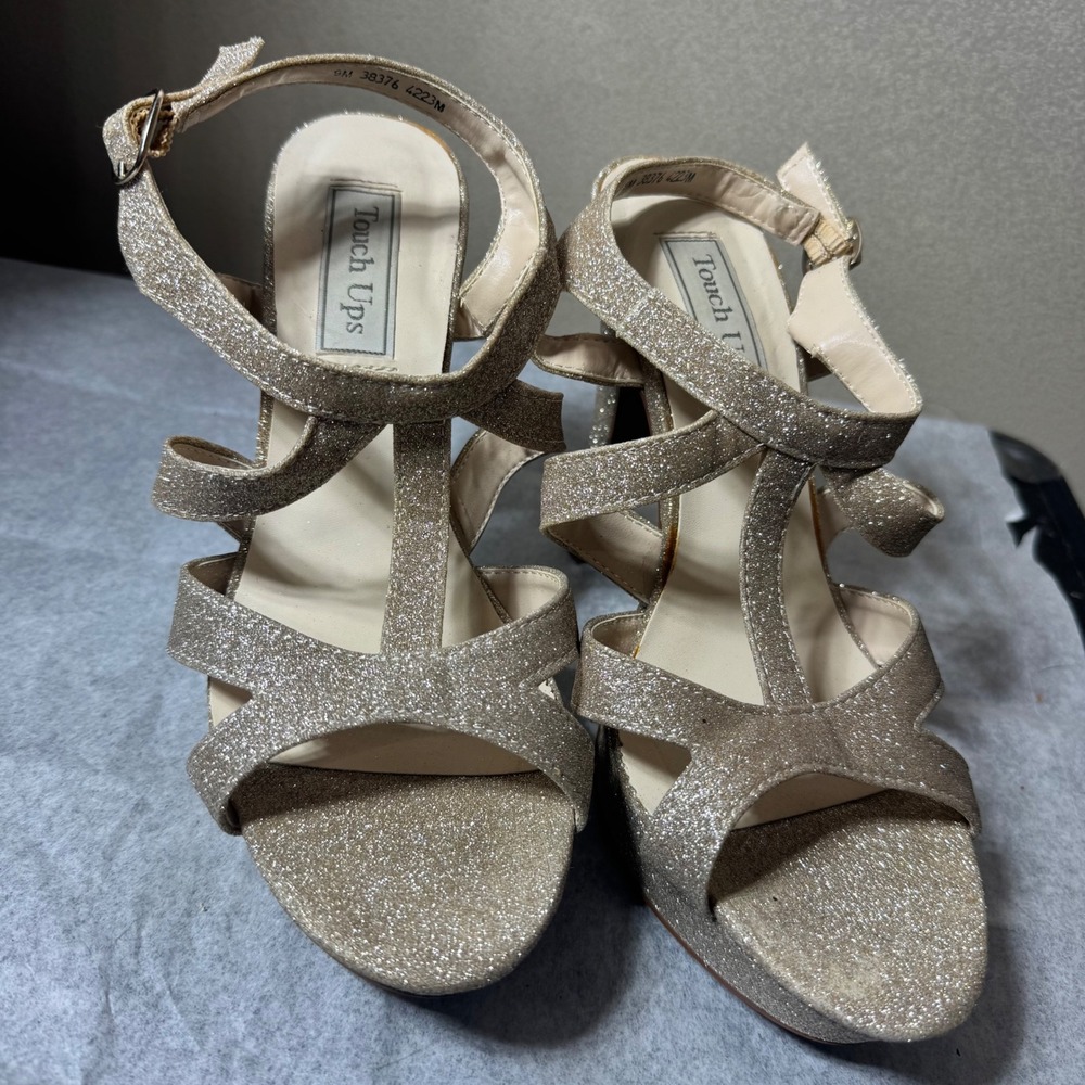 Touch Ups Womens 9M Gold Glitter‎ Platform Sandals High Block Heel Evening Dress